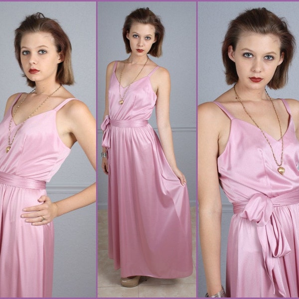 Vintage 70s Dress Disco Diva Lilac Purple Sweetheart Neckline Belted Silky Jersey Maxi Dress S M