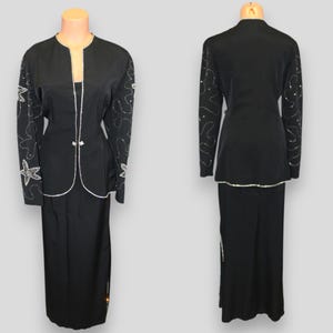 Vintage 80s 2pc Black Flower Beaded Rhinestone Blouse Blazer & Skirt Suit L ~ 14