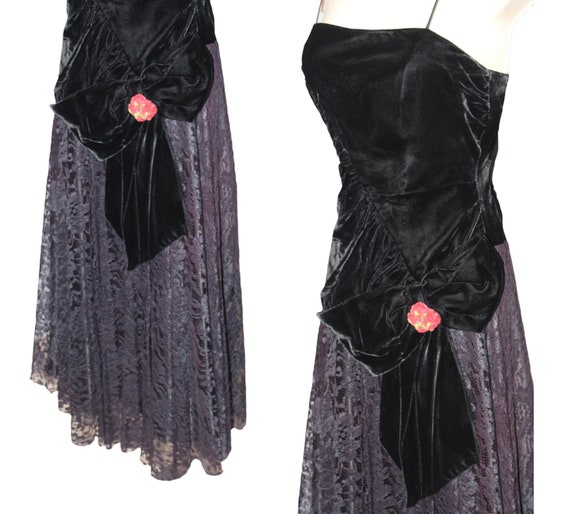 Gorgeous Vintage 80s black velvet and lace rose e… - image 2
