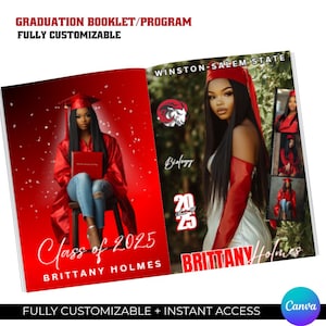 May include: A graduation booklet with a red and white design. The cover features a photo of a graduate in a red cap and gown, with the text "Class of 2025" and the name "Brittany Holmes". The booklet is fully customizable.