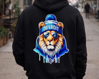 Sudadera con capucha Detroit Lion – Gildan 18500 para adulto, forro polar, estampado de león en la espalda, estilo urbano negro para hombre