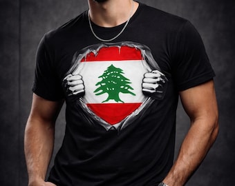 Camiseta rasgada con la bandera del Líbano – Ropa patriótica Cedar Tree