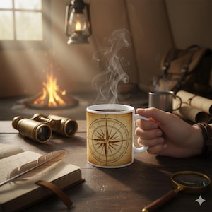 May include: A white coffee mug with a compass rose design, filled with hot coffee and steam rising. The mug is held by a person. Other items include binoculars, a notebook, a magnifying glass, and a campfire in the background. The scene evokes a sense of adventure.