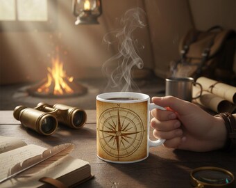 Taza con mapa y brújula vintage – Taza de café náutica para viajeros y excursionistas