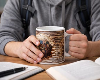 Taza de café con diseño de estantería – Taza de cerámica para amantes de la lectura y la biblioteca