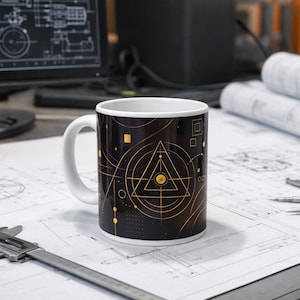 May include: A white ceramic mug with a black background and gold geometric design, including circles, squares, and a triangle. The mug is on a desk with blueprints, a caliper, and drafting tools.