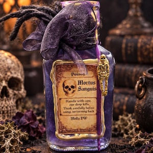 Peut inclure: Une bouteille en verre rectangulaire remplie de liquide violet, avec une étiquette indiquant Poison, Mortus Sanguis, et Handle with care, one drop kills, Think carefully before using, no turning back, Molly DW. Elle a un ruban violet et un squelette doré.