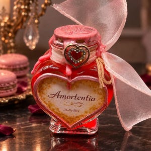 Peut inclure: Une bouteille en verre en forme de cœur remplie de liquide rouge, avec une étiquette indiquant Amortentia et Molly DW. La bouteille est scellée avec de la cire rose, ornée d'un charme cœur doré et décorée d'un grand nœud en ruban organza rose.