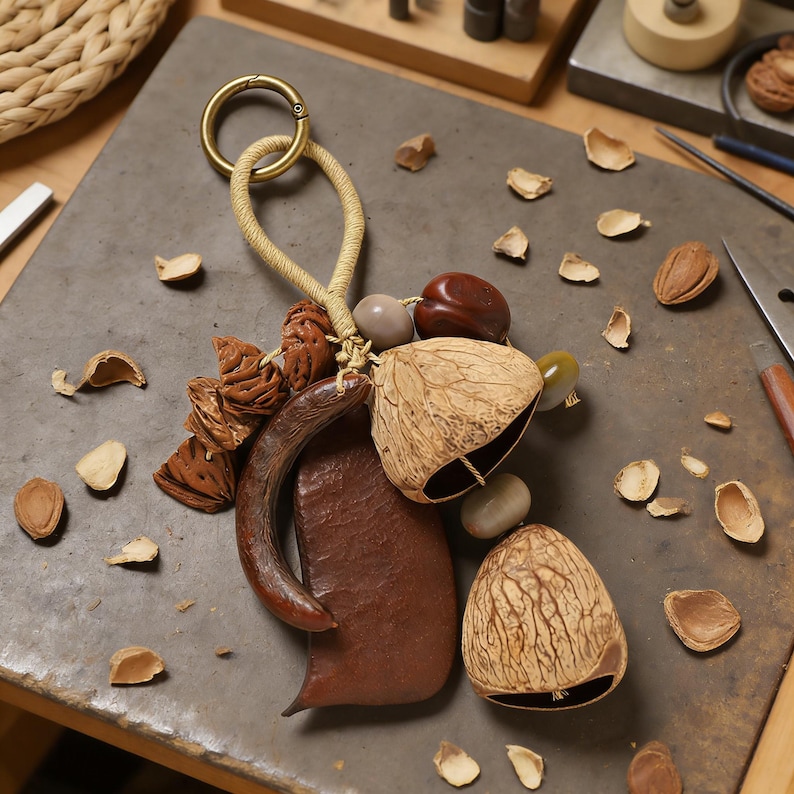 May include: A handcrafted keychain featuring natural elements. The keychain includes a gold-colored ring, a woven cord, and various organic shapes in shades of brown, beige, and gray. The design incorporates seed pods, nuts, and other natural materials.