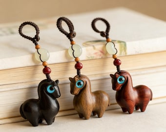Hand Carved Sandalwood Horse Keychain | Lucky Zodiac Jade Charm |  Year of the Horse