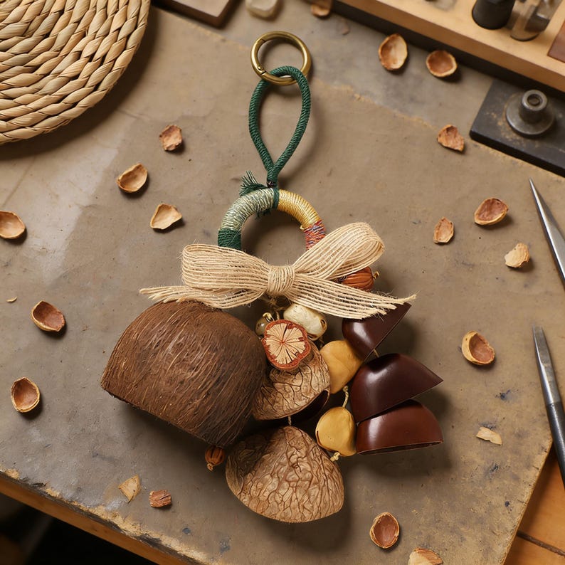 May include: A decorative keychain featuring a woven ring with green, yellow, and tan accents, a burlap bow, and various natural elements. The keychain includes a brown coconut shell, nuts, and chocolate pieces.