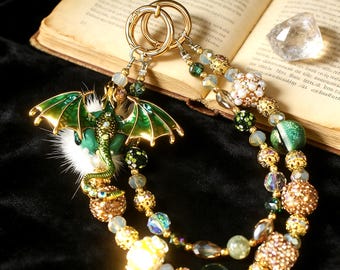 Fantasy Dragon Phone Charm, Polymer Clay Beaded Bag Chain, Y2K Strap, Green Witch Gift
