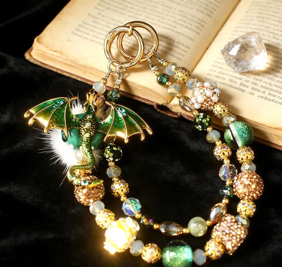 Fantasy Dragon Phone Charm, Polymer Clay Beaded Bag Chain, Y2K Strap, Green Witch Gift