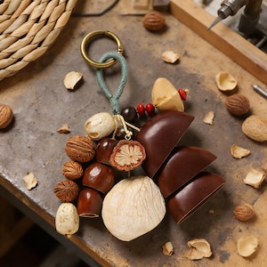 May include: A handmade keychain featuring a variety of natural elements. The keychain includes a brass ring, a teal cord, and an assortment of nuts, seeds, and a chocolate-colored object. The arrangement is set on a textured surface.