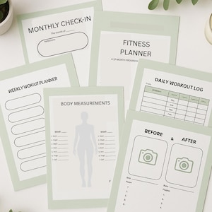 May include: A collection of light green and white fitness planners and logs. The planners include sections for monthly check-ins, weekly workouts, body measurements, and a daily workout log. The "Before & After" section includes space for photos.