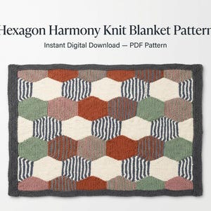 May include: A knitted blanket pattern with a hexagon design. The blanket features a variety of colors, including white, green, pink, and rust, with striped and solid hexagon patterns. The border is a dark gray. The text "Hexagon Harmony Knit Blanket Pattern" is at the top.