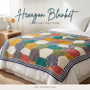 May include: A colorful hexagon crochet blanket with a striped border is displayed on a bed. The blanket features various colors, including yellow, teal, red, and navy blue. The text "Hexagon Blanket Crochet Pattern" is written across the top of the image.
