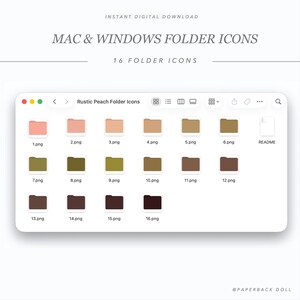 May include: Digital download of 16 folder icons in a variety of peach and brown tones. The icons are displayed on a computer screen, with the text "MAC & WINDOWS FOLDER ICONS" and "Rustic Peach Folder Icons" visible.
