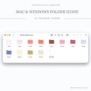 May include: Digital download of 12 folder icons for Mac and Windows. The icons are in various pastel colors, including pink, coral, and blue. The text "MAC & WINDOWS FOLDER ICONS" and "12 FOLDER ICONS" is displayed at the top.