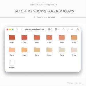 May include: A digital download of 12 folder icons for Mac and Windows. The icons are in shades of peach and cream, numbered 1 through 12. The image includes the text "MAC & WINDOWS FOLDER ICONS" and "12 FOLDER ICONS".
