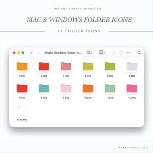Op de afbeelding: Een digitale downloadafbeelding met 12 kleurrijke mapiconen voor Mac en Windows. De mappen zijn in verschillende heldere kleuren, waaronder oranje, rood, roze, groen en blauw. De tekst "MAC & WINDOWS FOLDER ICONS" staat bovenaan.