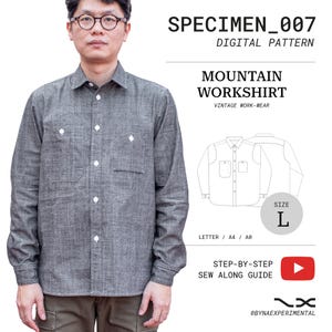Puede incluir: Una camisa de trabajo gris de manga larga con botones y dos bolsillos en el pecho. La imagen incluye el texto: SPECIMEN_007 DIGITAL PATTERN, MOUNTAIN WORKSHIRT, VINTAGE WORK-WEAR, SIZE L, LETTER / A4 / A0, STEP-BY-STEP SEW ALONG GUIDE, @BYNAEXPERIMENTAL.