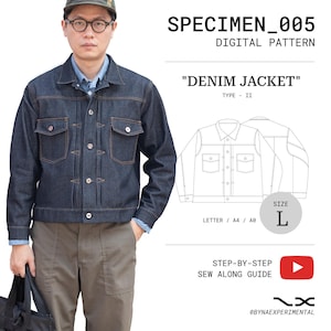 May include: A dark blue denim jacket with orange stitching, two chest pockets, and button closures. The image includes the text "DENIM JACKET" and "DIGITAL PATTERN". A size L pattern is also shown.