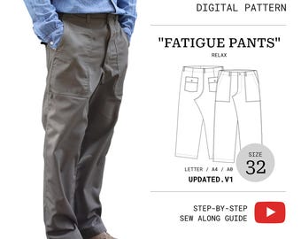 May include: Olive green fatigue pants with large front patch pockets, shown as a digital pattern labeled SPECIMEN_002 FATIGUE PANTS RELAX. The graphic includes a line drawing of the pants, size 32, and a step-by-step sew along guide icon.