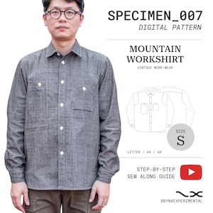 May include: A grey long-sleeve button-down workshirt with two chest pockets and white buttons. The image includes text: SPECIMEN_007 DIGITAL PATTERN, MOUNTAIN WORKSHIRT, VINTAGE WORK-WEAR, SIZE S, LETTER / A4 / A0, STEP-BY-STEP SEW ALONG GUIDE.