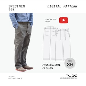 May include: A digital pattern for fatigue trousers, with the text "SPECIMEN 002" and "DIGITAL PATTERN". The image includes a photo of the trousers being worn, a line drawing of the trousers, and the text "PROFESSIONAL PATTERN" and "SIZE 30".