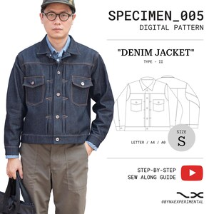 May include: A dark blue denim jacket with two chest pockets and button closures. The image includes the text "SPECIMEN_005 DIGITAL PATTERN" and "DENIM JACKET" with a size "S" label. A step-by-step sew along guide is also featured.