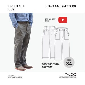 Peut inclure: Pantalon de fatigue gris, taille 34, avec un patron numérique. L'image affiche le texte "SPECIMEN 002", "DIGITAL PATTERN", "PROFESSIONAL PATTERN", et "FATIGUE PANTS". Un guide étape par étape est également inclus.