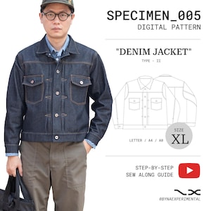 May include: A dark blue denim jacket with orange stitching, worn by a person. The jacket has two chest pockets and button closures. The image includes the text "SPECIMEN_005 DIGITAL PATTERN" and "DENIM JACKET" with a size XL.