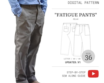 May include: Olive green fatigue pants with large front patch pockets, shown as a digital pattern labeled SPECIMEN_002 FATIGUE PANTS RELAX. The image includes a technical line drawing of the pants, size 36, and a link to a step-by-step sew along guide.