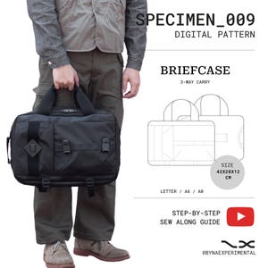 May include: A black 3-way carry briefcase with a rectangular shape, featuring front straps, buckles, and a side handle. The image includes text: SPECIMEN_009 DIGITAL PATTERN, BRIEFCASE 3-WAY CARRY, SIZE 42X28X12 CM, LETTER / A4 / A0, STEP-BY-STEP SEW ALONG GUIDE.