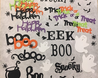 Happy Halloween Trick or Treat Boo Die Cut SHAPES Word and Tiny Bat Shapes made using Cardstock for Card Making Decorations Crafts