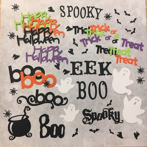 Happy Halloween Trick or Treat Boo Die Cut SHAPES Word and Tiny Bat Shapes made using Cardstock for Card Making Decorations Crafts