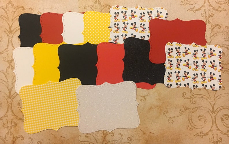 Asst Cardstock Red Yellow Black White Mickey Print Colors Premade set Top Note Die Cut Diy Label Card Shapes from Stampin Up Die