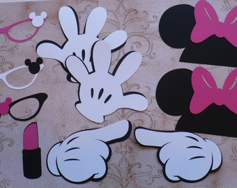 DIY Minnie Mouse Black Ears Gloves Glasses Hot Pink Bow Lipstick Lips Cardstock for Crafts Photo Booth Birthday Party Weddings Props DIY
