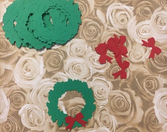 Wreath Die Cut Shape pieces in Green Cardstock with Red Bow Punchies for DiY Card Decorating Christmas Embellishments