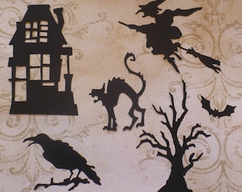 Cardstock paper Black Cardstock Halloween shapes Die Cuts  Haunted House Tree Witch Raven Cat for crafts Scrapbooking Cards Party Decor