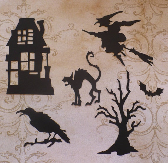 Cardstock paper Black Cardstock Halloween shapes Die Cuts  Haunted House Tree Witch Raven Cat for crafts Scrapbooking Cards Party Decor