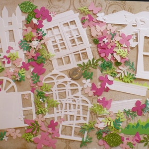 White Cardstock Die Cuts Assortment Set of Window Die Cuts Frame Flower Boxes Flowers Butterflies Leaves pieces