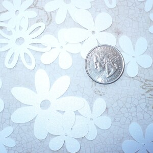 May include: A close-up of a US quarter coin on a white background with white paper flowers scattered around it. The coin is in focus and the flowers are out of focus.