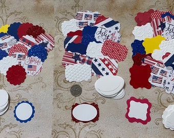 Patriotic Red White Blue Decorative Small Label Shapes pieces made from Prints and Embossed cardstock paper White Ovals for Stamping