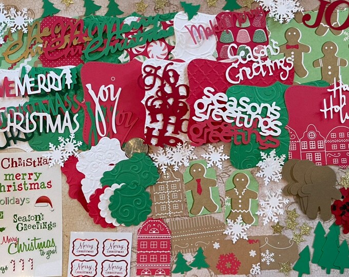 Top Note Die Cut Words Assorted Shapes Made Using Christmas Print