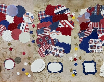 Patriotic Red White Blue Decorative Small Label Shapes pieces made from Prints and Embossed cardstock paper White Ovals for Stamping