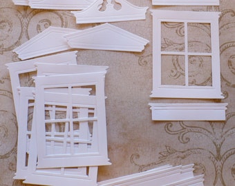 6 White Sizzix Tim Holtz 4 Pane Window Frame plus Pediment Toppers and Boxes from Cardstock Paper for Card making Diy Crafts