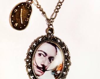 Salvador Dali Melting Clock Portrait Necklace Antique Bronze Charm The Persistence of Memory