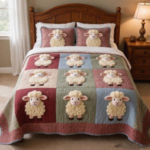Könnte beinhalten: Eine Patchwork-Quiltdecke und zwei Kissenbezüge mit Schafapplikationen. Die Quiltdecke hat ein quadratisches Muster in Rot-, Grün- und Blautönen. Die Schafe sind cremefarben mit rosa Ohren und Gesichtern. Die Bettwäsche befindet sich auf einem Holzrahmen.